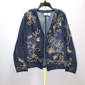 Chico’s Embroidered Denim‎ Jacket Floral Stitching Size 2 L